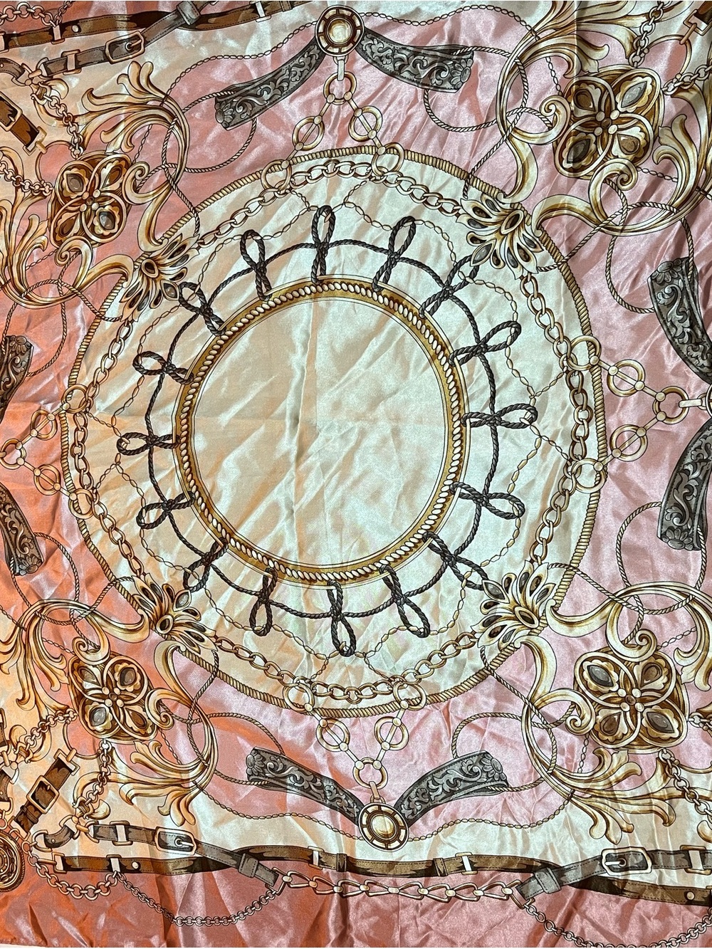 🧣Silk-Feel Pink & Cream Chain Print Scarf / Bandana🧣
